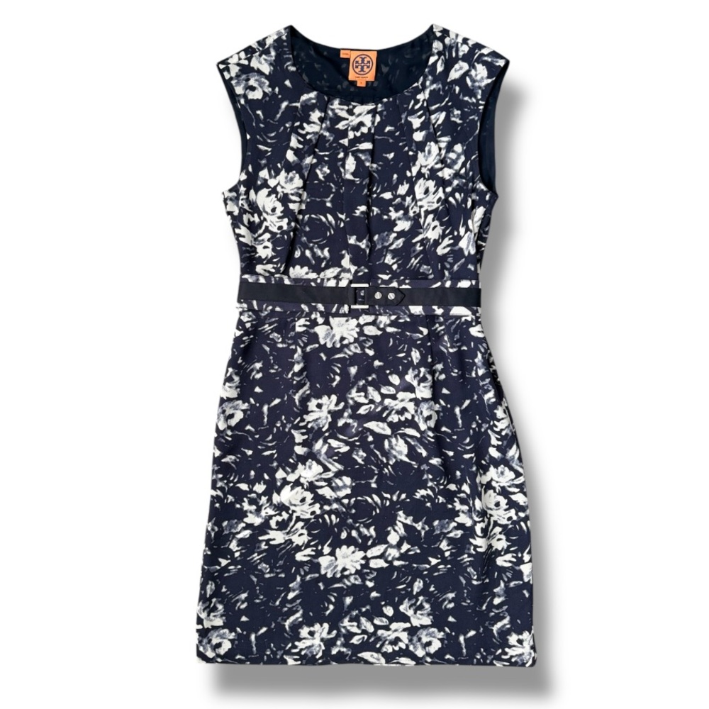 Tory Burch Navy Blue and White Silk Floral Belted Sleeveless Dress | EUC Size 6